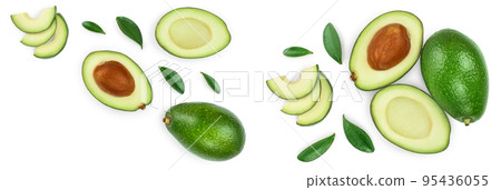 avocado and slices isolated on white background with copy space for your text. Top view. Flat lay 95436055