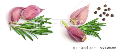 garlic with rosemary leaves isolated on white background. Top view garlic with rosemary leaves isolated on white background. Top view 95436066