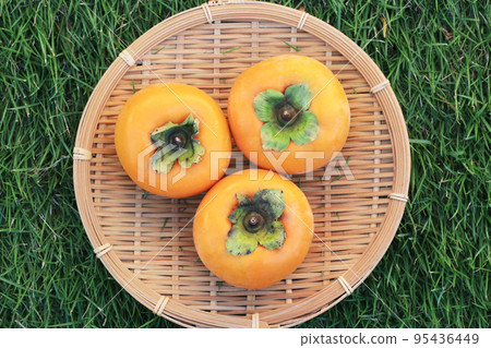 Three persimmons on a bamboo strainer 95436449