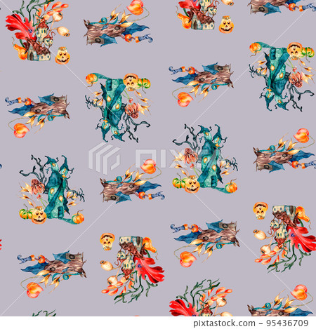 Various cute haunted houses watercolor seamless pattern isolated on grey. Various cute haunted houses watercolor seamless pattern isolated on grey. 95436709