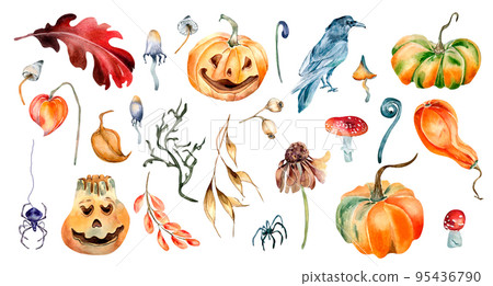 Clipart of Halloween colorful plants watercolor illustration isolated on white background. Clipart of Halloween colorful plants watercolor illustration isolated on white background. 95436790