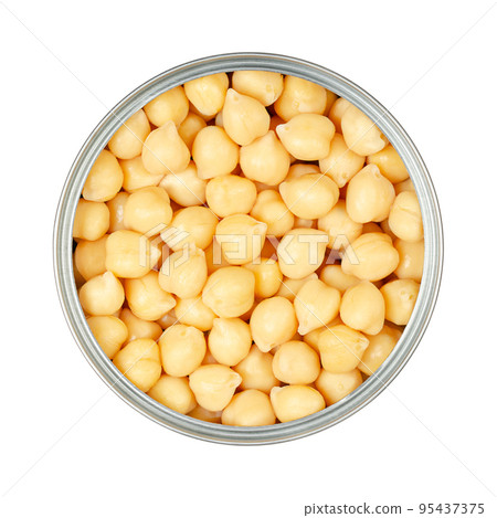 Chickpeas, in an opened can. Cooked and canned chick peas, high in protein, seeds of Cicer arietinum, a legume, also known as garbanzo beans or gram. Isolated, from above, close-up, macro food photo. Chickpeas, in an opened can. Cooked and canned chick peas, high in protein, seeds of Cicer arietinum, a legume, also known as garbanzo beans or gram. Isolated, from above, close-up, macro food photo. 95437375