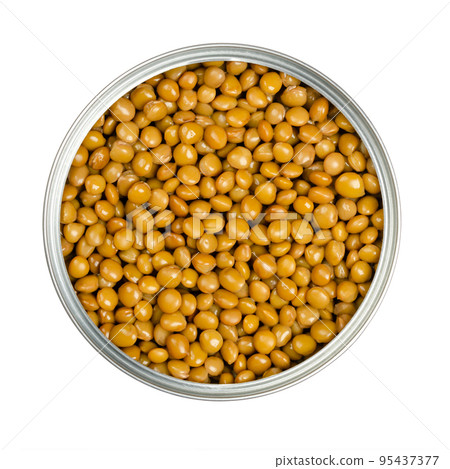 Lentils in an opened can. Cooked and canned small brown lentils, seeds of Lens culinaris, a legume and staple, used for thick curry, gravy or dal. Isolated, from above, close-up, macro food photo. 95437377