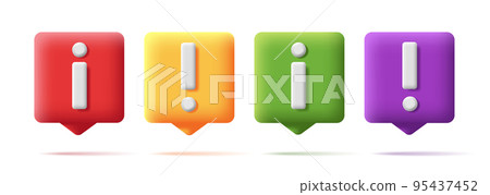 Set of 3d square digital icons with info and warning notification sign in different colors Set of 3d square digital icons with info and warning notification sign in different colors 95437452