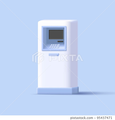 3D cartoon white and blue ATM machine, realistic screen and buttons 3D cartoon white and blue ATM machine, realistic screen and buttons 95437471