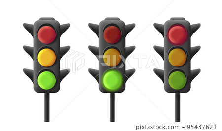 Traffic lights with all three colors on one by one, 3d illustrations 95437621