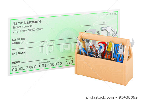 Bank check with tool box, 3D rendering 95438062