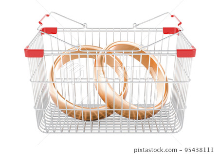 Shopping basket with wedding rings, 3D rendering 95438111