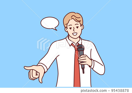 Confident businessman with mic make speech Confident businessman with mic make speech 95438878