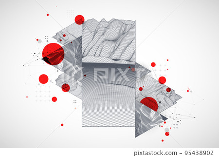 Scientific and technical image of the mountains. Abstract wireframe surface background inside a triangle.Scientific and technical image of the mountains. Abstract wireframe surface background inside a 95438902