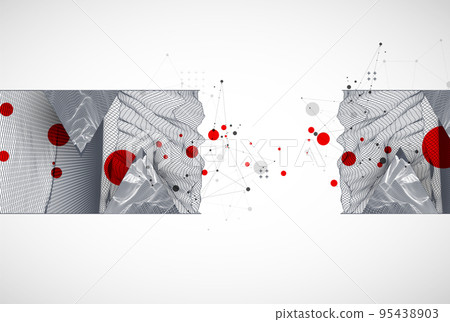 Scientific and technical image of the mountains. Abstract wireframe surface background inside a triangle.Scientific and technical image of the mountains. Abstract wireframe surface background inside a 95438903