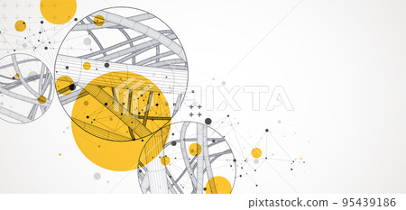 Vector abstract background with a wireframe dynamic pipes, line and particles inside circle. Vector abstract background with a wireframe dynamic pipes, line and particles inside circle. 95439186