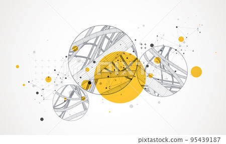 Vector abstract background with a wireframe dynamic pipes, line and particles inside circle. Vector abstract background with a wireframe dynamic pipes, line and particles inside circle. 95439187
