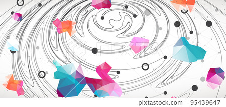 Colorful abstract swirling background with dots and geometric objects. Colorful abstract swirling background with dots and geometric objects. 95439647