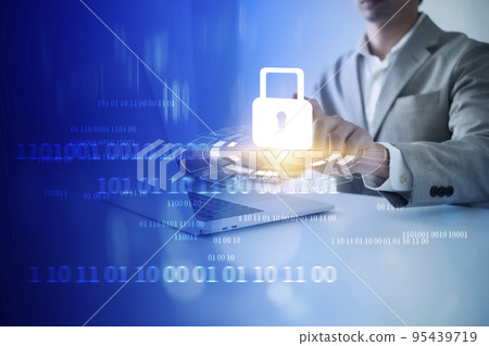 Cybersecurity and data privacy protection concept. And Internet network security technology. hand showing padlock icon. Businessman using Laptop. 95439719