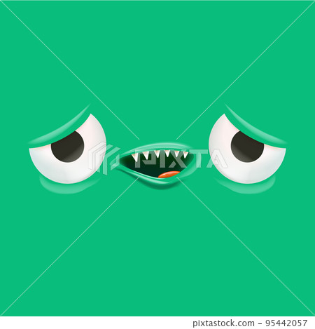Vector funny green monster face with open mouth with fangs and eyes isolated on green background. Halloween cute and funky monster design template for poster, banner and tee print Vector funny green monster face with open mouth with fangs and eyes isolated on green background. Halloween cute and funky monster design template for poster, banner and tee print 95442057