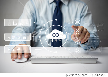 Organizations or companies develop carbon credit business virtual screen. Reduce CO2 emissions. Sustainable business development concept. 95442343