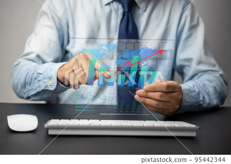 Economy financial investment business money profit market statistic stock banking currency exchange information report and arrow inflation graph chart growth virtual screen. 95442344