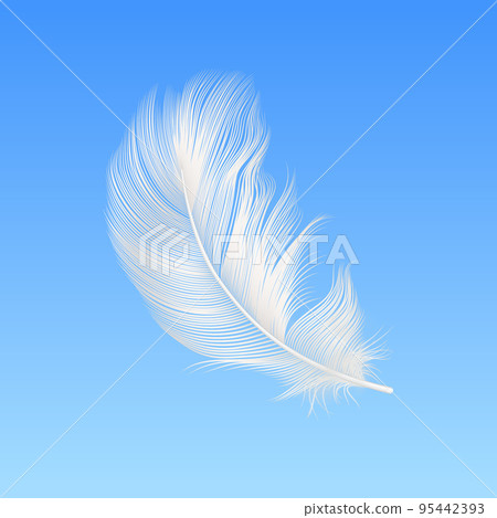 Vector 3d Realistic Falling White Fluffy Feather Closeup on Blue Sky Background. Design Template of Angel, Bird Detailed Feather. Lightness and Freedom Concept 95442393