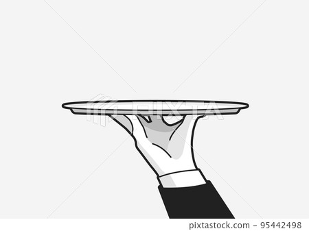 Waiter hand in glove holding big silver tray. vector Waiter hand in glove holding big silver tray. vector 95442498