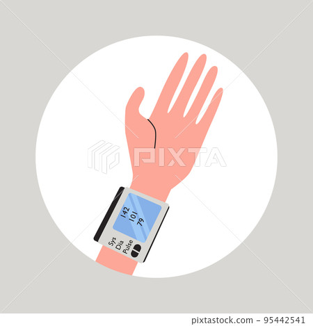 Sphygmomanometer measure high blood pressure. Flat vector illustration. Healthcare, sickness, disease concept Sphygmomanometer measure high blood pressure. Flat vector illustration. Healthcare, sickness, disease concept 95442541