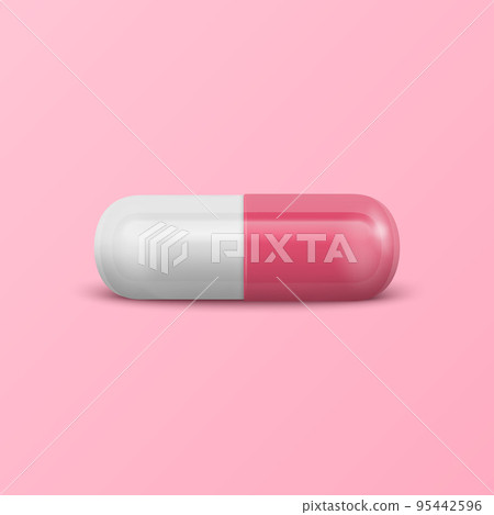 Vector 3d Realistic Pink and White Pharmaceutical Medical Pill, Capsule, Tablet on Pink Background. Front View. Copy Space. Medicine, Women's Health Concept Vector 3d Realistic Pink and White Pharmaceutical Medical Pill, Capsule, Tablet on Pink Background. Front View. Copy Space. Medicine, Women's Health Concept 95442596