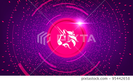 Uniswap (UNI) coin crypto currency themed banner. UNI icon on modern purple color background. 95442658