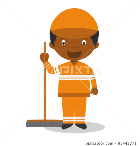 Cute cartoon vector illustration of a black or african american male sweeper. 95442771