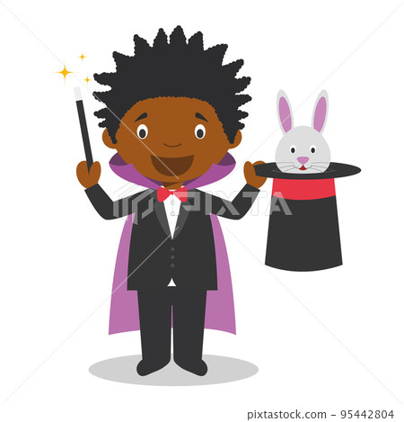 Cute cartoon vector illustration of a black or african american male magician. 95442804
