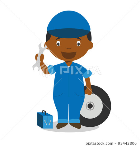 Cute cartoon vector illustration of a black or african american male mechanic. 95442806