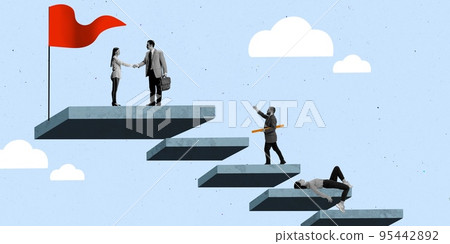 Contemporary art collage. Creative design. Businessman shaking hand new employee. Ladder of success. Way to career development Contemporary art collage. Creative design. Businessman shaking hand new employee. Ladder of success. Way to career development 95442892