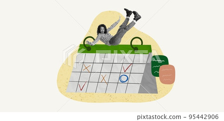 Contemporary art collage. Creative design. Emotive woman, employee sitting on calendar with done and cancelled work. Deadlines, business communication Contemporary art collage. Creative design. Emotive woman, employee sitting on calendar with done and cancelled work. Deadlines, business communication 95442906