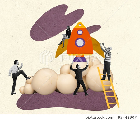 Contemporary art collage. Creative design. Group of employees from different departments working together to get successful project launch Contemporary art collage. Creative design. Group of employees from different departments working together to get successful project launch 95442907