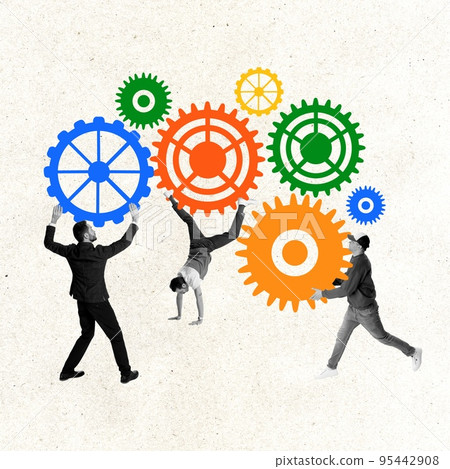 Contemporary art collage. Creative design. Group of young people, employees working together with business gears symbolizing well-coordinated teamwork Contemporary art collage. Creative design. Group of young people, employees working together with business gears symbolizing well-coordinated teamwork 95442908