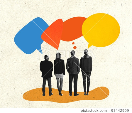 Contemporary art collage. Creative design. Group of young people, employees standing in a line and generating business ideas Contemporary art collage. Creative design. Group of young people, employees standing in a line and generating business ideas 95442909