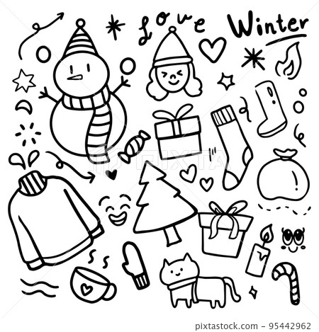 Set of hand drawn winter elements. Doodle cartoon. Coloring book for kid Set of hand drawn winter elements. Doodle cartoon. Coloring book for kid 95442962