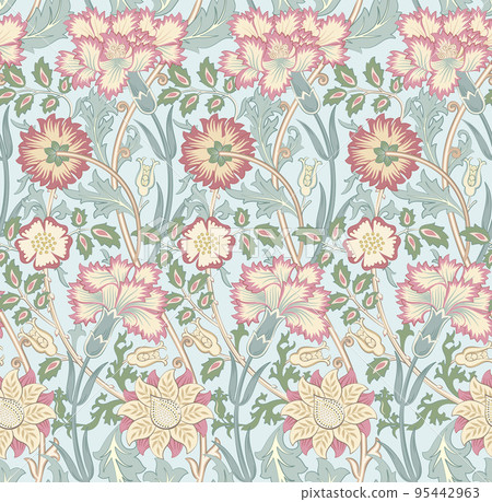 Floral seamless pattern with flowers on light blue background. Vector illustration. Floral seamless pattern with flowers on light blue background. Vector illustration. 95442963