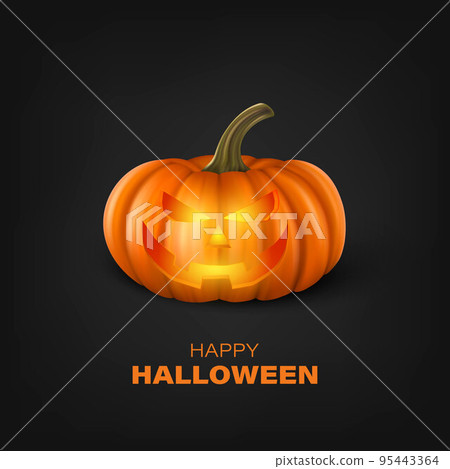 Vector Halloween Pumpkin on Black Background. Cute Jack-o-lanterns, Carved Pumpkin Face for Invitations, Cards, Wrapping, Banners Design. 3d Realistic Pumpkin 95443364