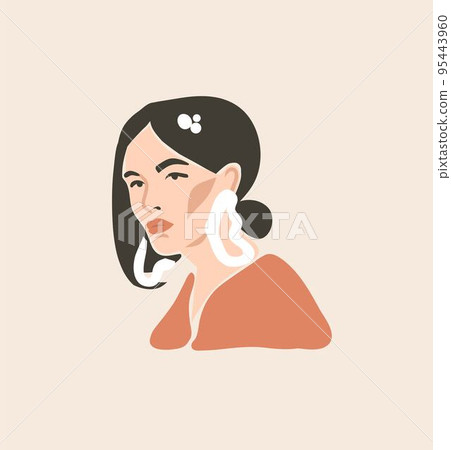 Hand drawn vector abstract stock flat graphic contemporary modern art,aesthetic fashion illustration with bohemian,beautiful modern female portrait,simple trendy style.Woman design concept art. 95443960