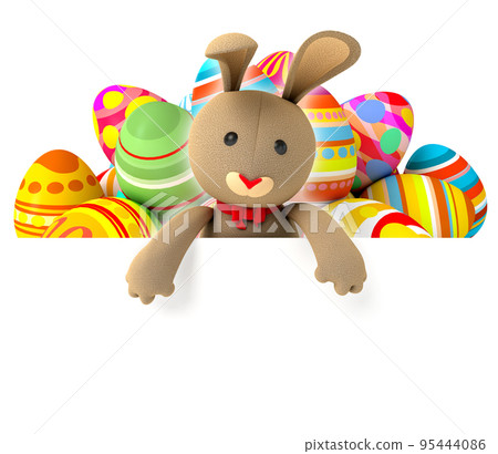 Toy teddy bunny holding blank board. Isolated  95444086