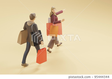 A couple of tourists walking with many shopping bags / Image of shopping, inbound consumption, and shopping 95444344