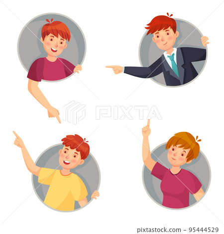 People pointing out window holes. Boys and girl looking surprised and curious. Female an male characters People pointing out window holes. Boys and girl looking surprised and curious. Female an male characters 95444529