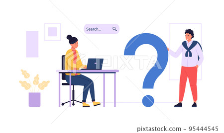 Man holding big question mark, woman sitting at desk with laptop and searching for answer. Getting information 95444545