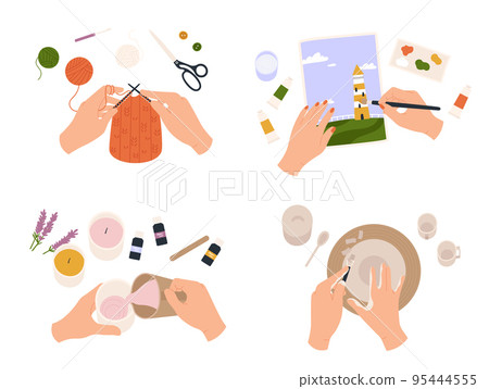 Hands create crafts. People having handmade classes, knitting, making candles, painting with watercolors 95444555