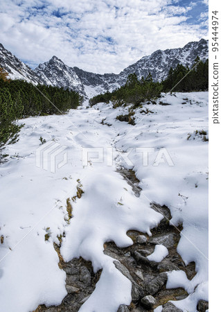 Snowy footpath, Temnosmrecinska valley, High Tatras mountain, Slovakia 95444974