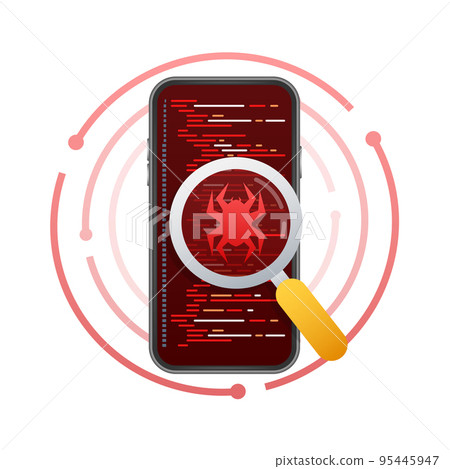 Virus detected on smartphone, Malware. Viruses attack warning. Vector stock illustration. 95445947