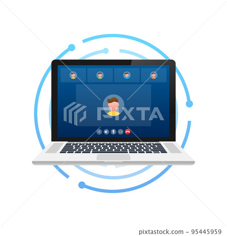 Incoming video call on laptop. Laptop with incoming call, man profile picture and accept decline buttons. Vector stock illustration. 95445959