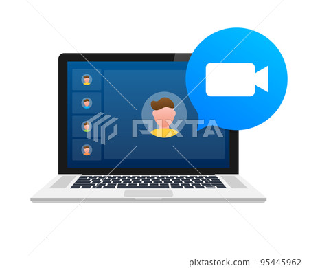 Incoming video call on laptop. Laptop with incoming call, man profile picture and accept decline buttons. Vector stock illustration. 95445962