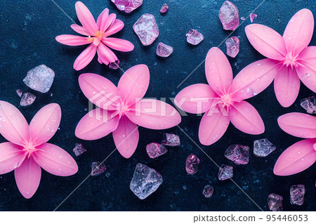Beautiful pink flowers and ice cubes on sap. Copy space. 95446053