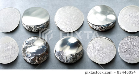 Realistic set of glossy silver round panels isolated on silver background. Realistic set of glossy silver round panels isolated on silver background. 95446054